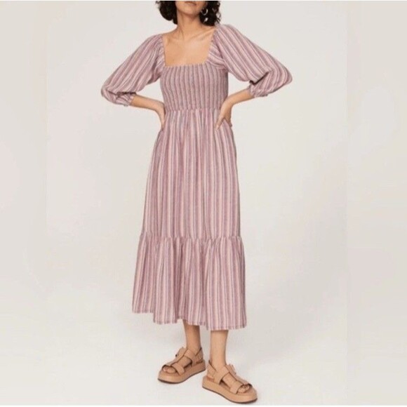 Marine Layer Ivy Smocked Maxi Dress Linen Blend Striped in Brick Size XL - Picture 13 of 14